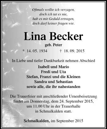 Traueranzeige von Lina Becker von Südthüringer Presse