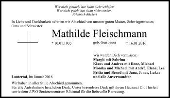 Traueranzeige von Mathilde Fleischmann von Neue Presse Coburg