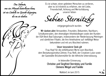 Traueranzeige von Sabine Sternitzky von Südthüringer Presse