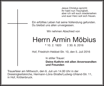 Traueranzeige von Armin Möbius von Frankenpost