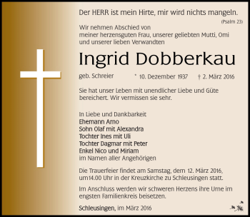 Traueranzeige von Ingrid Dobberkau von Südthüringer Presse