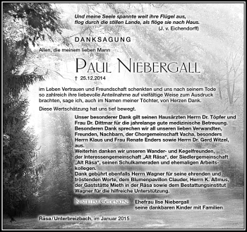 Traueranzeige von Paul Niebergall von Südthüringer Presse