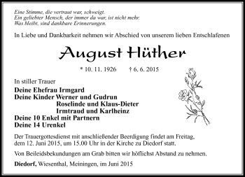 Traueranzeige von August Hüther von Südthüringer Presse