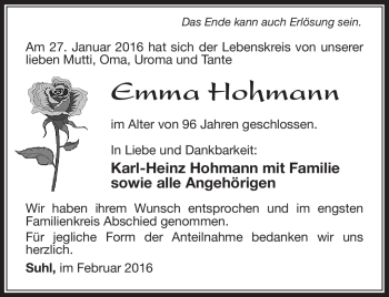 Traueranzeige von Emma Hohmann von Südthüringer Presse