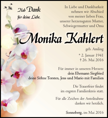 Traueranzeige von Monika Kahlert von Südthüringer Presse