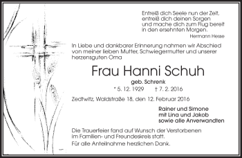 Traueranzeige von Hanni Schuh von Frankenpost