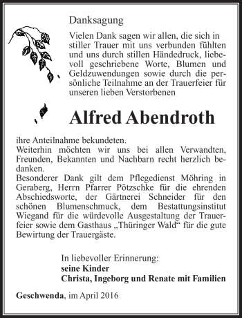 Traueranzeige von Alfred Abendroth von Südthüringer Presse