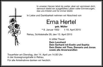 Traueranzeige von Erna Hertel von Frankenpost