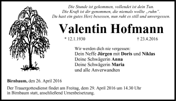 Traueranzeige von Valentin Hofmann von Neue Presse Coburg