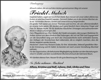Traueranzeige von Friedel Malsch von Südthüringer Presse