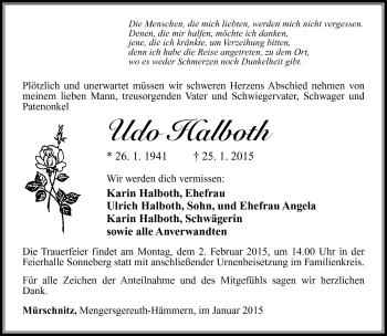 Traueranzeige von Udo Halboth von Südthüringer Presse