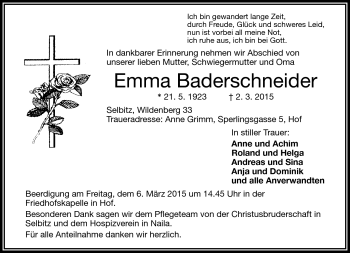 Traueranzeige von Emma Baderschneider von Frankenpost