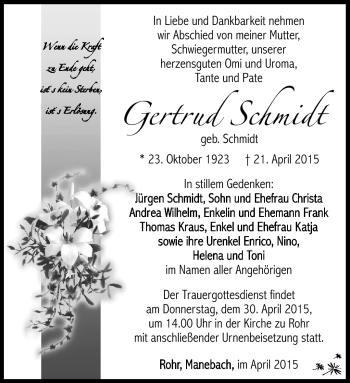 Traueranzeige von Gertrud Schmidt von Südthüringer Presse
