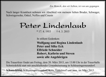 Traueranzeige von Peter Lindenlaub von Südthüringer Presse