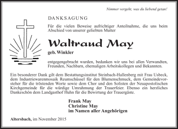 Traueranzeige von Waltraud May von Südthüringer Presse