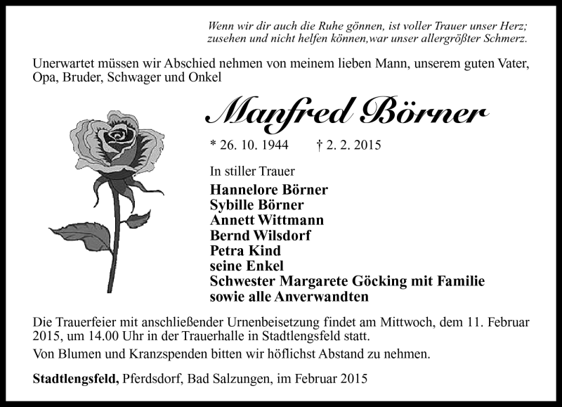  Traueranzeige für Manfred Börner vom 07.02.2015 aus Südthüringer Presse