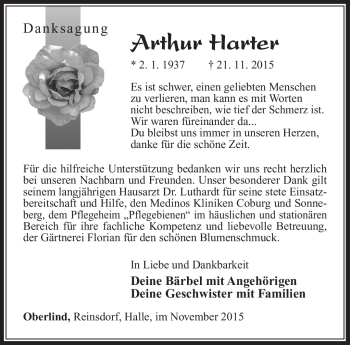 Traueranzeige von Arthur Harter von Südthüringer Presse