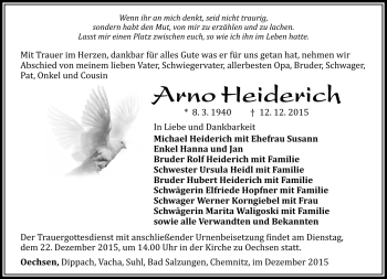 Traueranzeige von Arno Heiderich von Südthüringer Presse