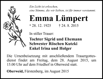 Traueranzeige von Emma Lümpert von Südthüringer Presse