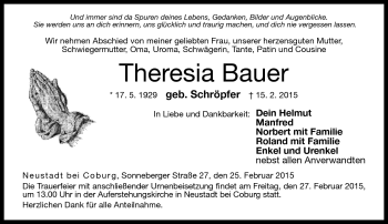 Traueranzeige von Theresia Bauer von Neue Presse Coburg