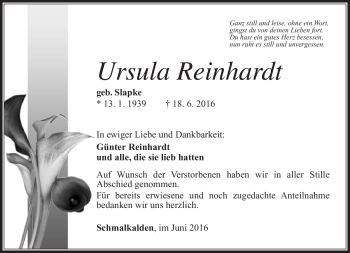 Traueranzeige von Ursula Reinhardt von Südthüringer Presse