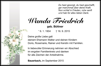 Traueranzeige von Wanda Friedrich von Südthüringer Presse