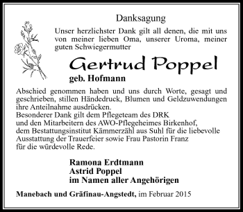 Traueranzeige von Gertrud Poppel von Südthüringer Presse
