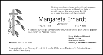 Traueranzeige von Margareta Erhardt von Neue Presse Coburg