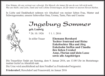 Traueranzeige von Ingeburg Sommer von Südthüringer Presse