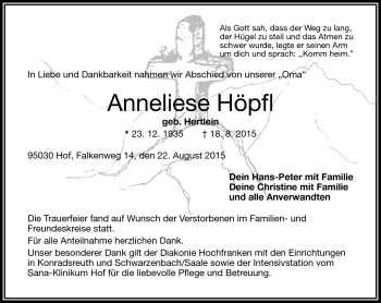Traueranzeige von Anneliese Höpfl von Frankenpost
