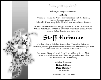 Traueranzeige von Steffi Hofmann von Südthüringer Presse