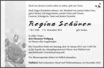 Traueranzeige von Regina Schürer von Südthüringer Presse