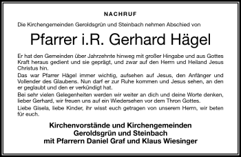 Traueranzeige von Gerhard Hägel von Frankenpost