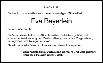Traueranzeige von Eva Bayerlein von Frankenpost