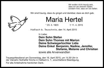 Traueranzeige von Maria Hertel von Neue Presse Coburg