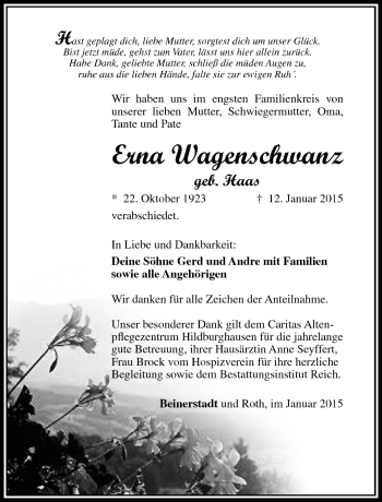 Traueranzeige von Erna Wagenschwanz von Südthüringer Presse