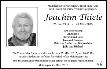 Traueranzeige von Joachim Thiele von Südthüringer Presse