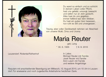 Traueranzeige von Maria Reuter von Neue Presse Coburg