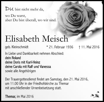 Traueranzeige von Elisabeth Meisch von Südthüringer Presse