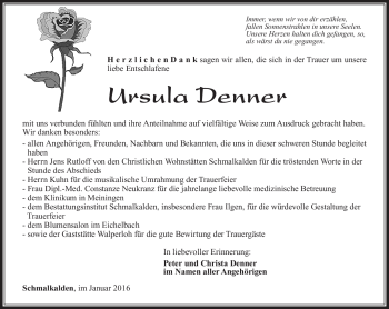 Traueranzeige von Ursula Denner von Südthüringer Presse