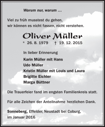 Traueranzeige von Oliver Müller von Südthüringer Presse
