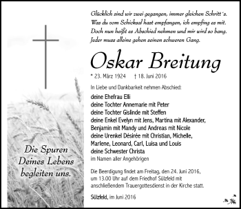Traueranzeige von Oskar Breitung von Südthüringer Presse