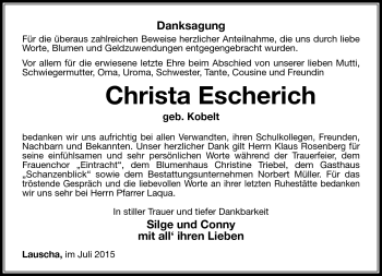Traueranzeige von Christa Escherich von Südthüringer Presse