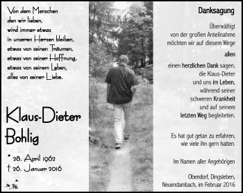 Traueranzeige von Klaus-Dieter Bohlig von Südthüringer Presse