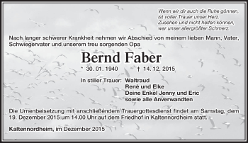 Traueranzeige von Bernd Faber von Südthüringer Presse