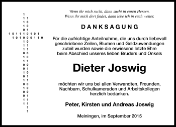 Traueranzeige von Dieter Joswig von Südthüringer Presse