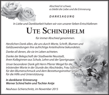 Traueranzeige von Ute Schindhelm von Südthüringer Presse