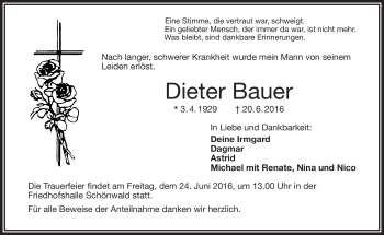 Traueranzeige von Dieter Bauer von Frankenpost