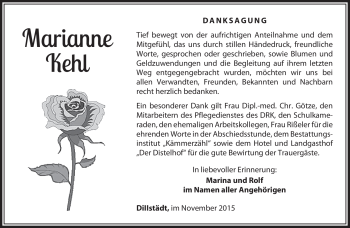 Traueranzeige von Marianne Kehl von Südthüringer Presse