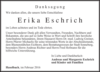 Traueranzeige von Erika Eschrich von Südthüringer Presse